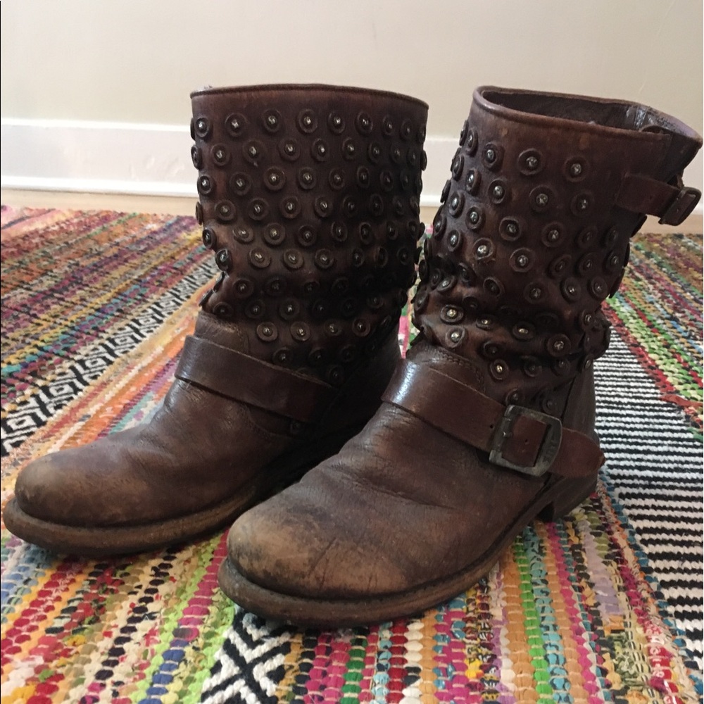 Frye Brown studded Leather Moto Boot
